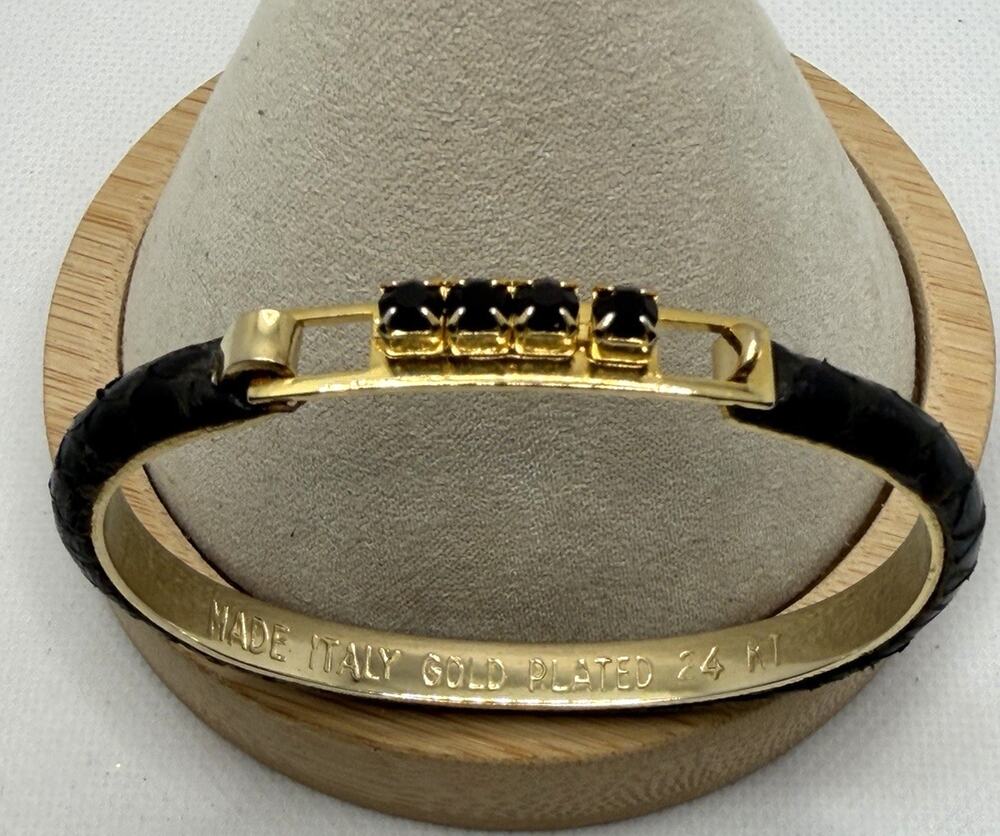 Vintage Bracelet Italy 24K Gold Plated Black Snakeskin Rhinestone Bangle 6"